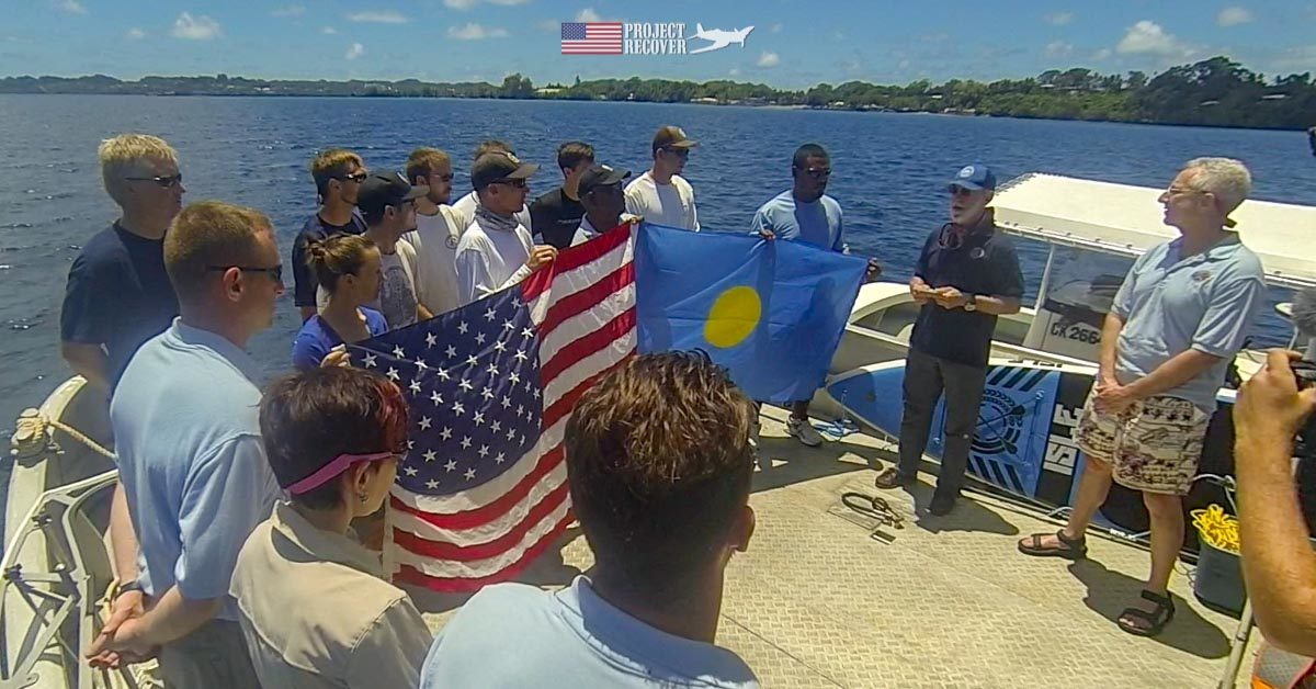 Lt. William Q. Punnell Flag ceremony over his airplane wreck in Palau. Project Recover is committed to bringing the MIA home.