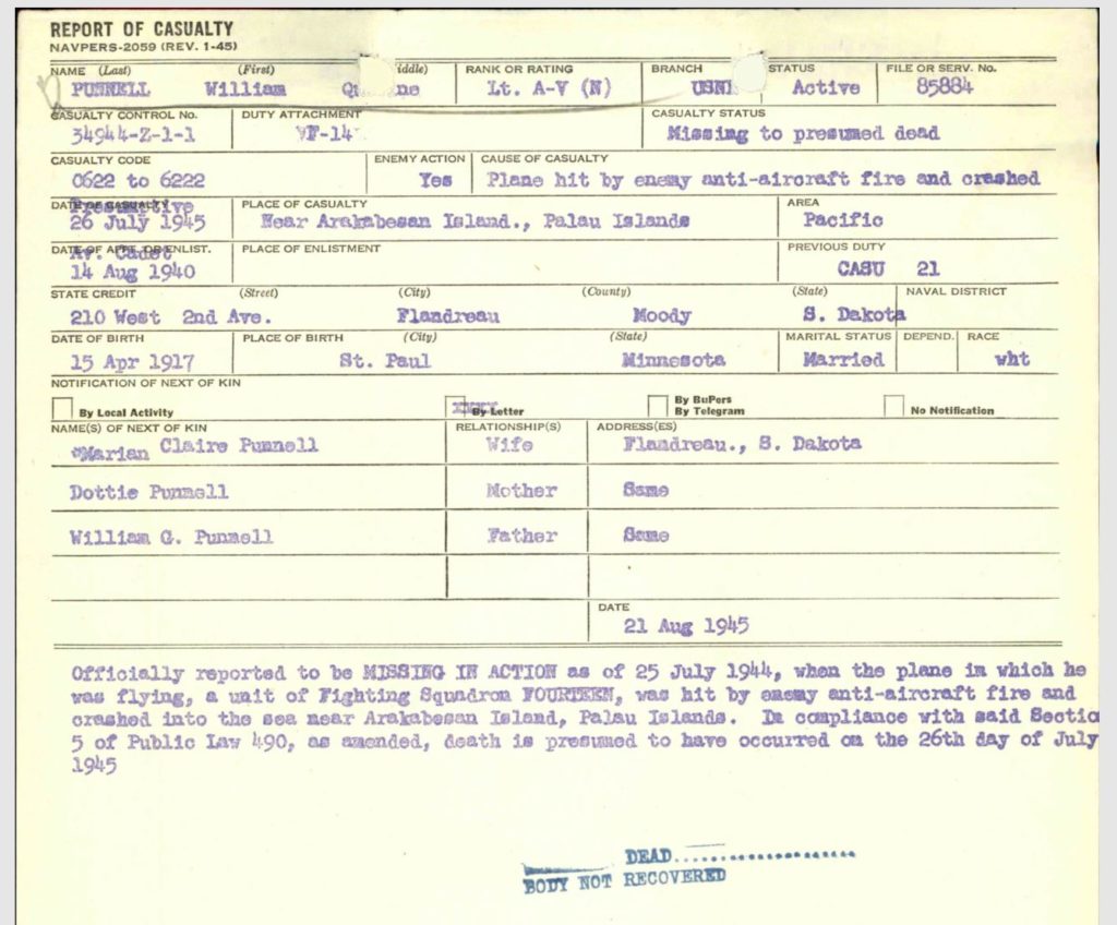 Casualty Report for William Punnell, 1945
