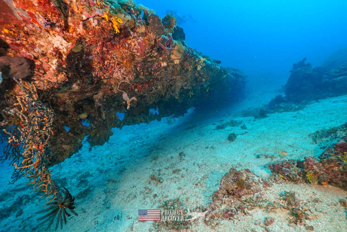 Looking down the wing of a B24 underwater WWII wreck during Solomons MIA Search - Project Recover and BentProp Project are committed to bringing the MIA home. Photos by Harry Parker Photography.com