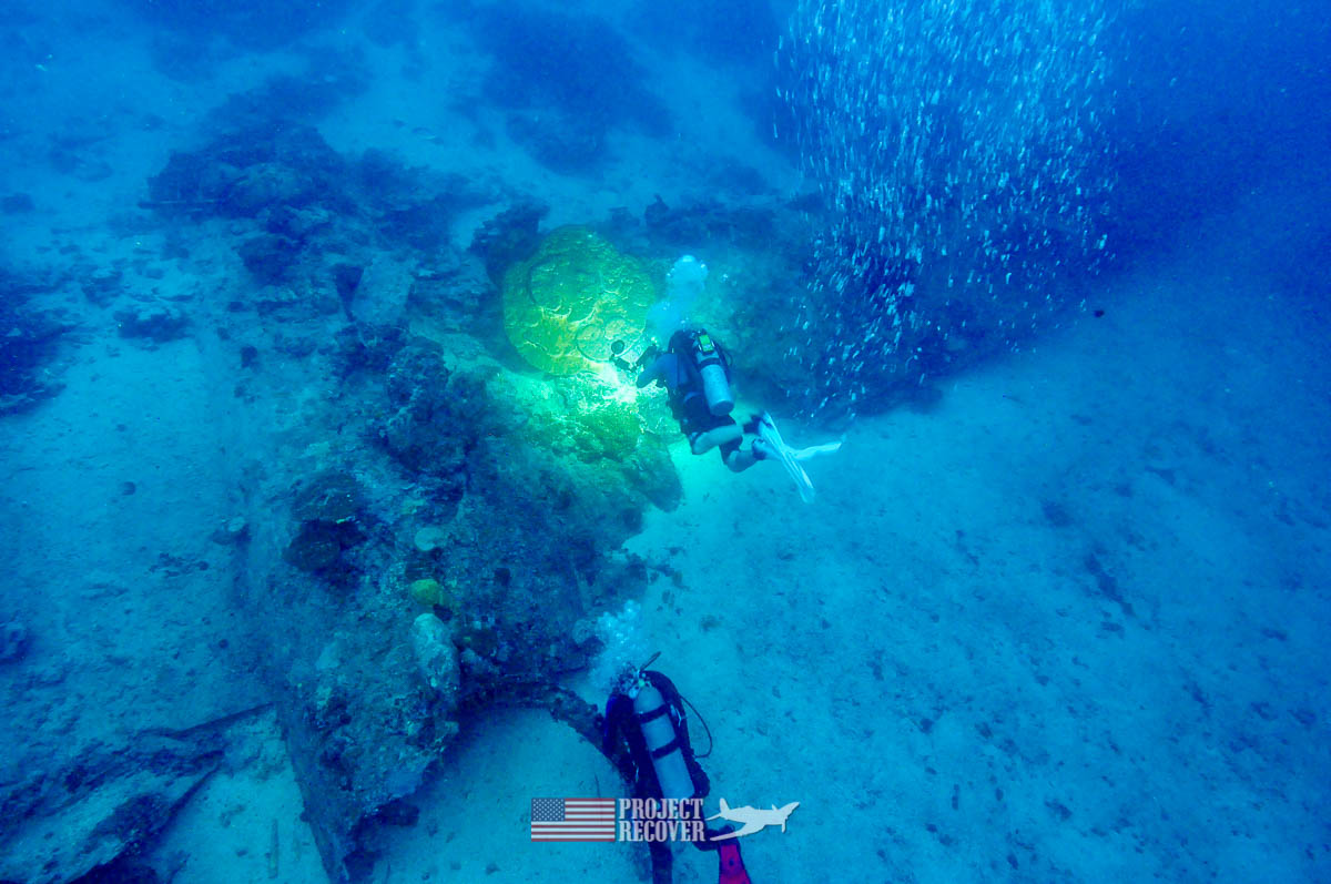 top view of harry parker filming underwater B24 WWII aircraft wreck during Solomons MIA Search - Project Recover and BentProp Project are committed to bringing the MIA home. Photos by Ewan Stevenson WWW.ARCHAEHISTORIA.ORG
