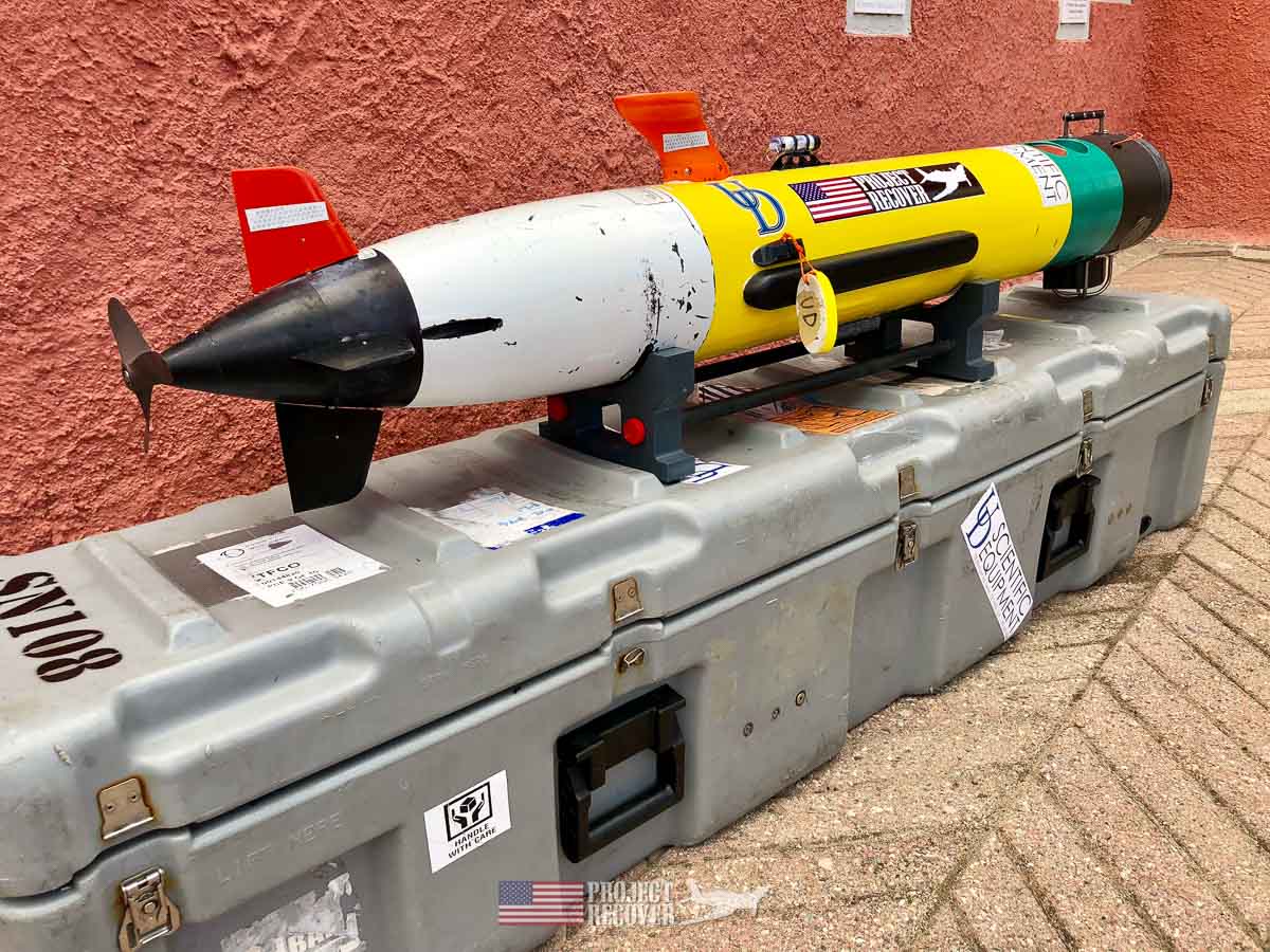 photo of side scan sonar equipped AUV - autonomous underwater vehicle  - Project Recover is committed to bringing the MIA’s home. Photos by Harry Parker Photography