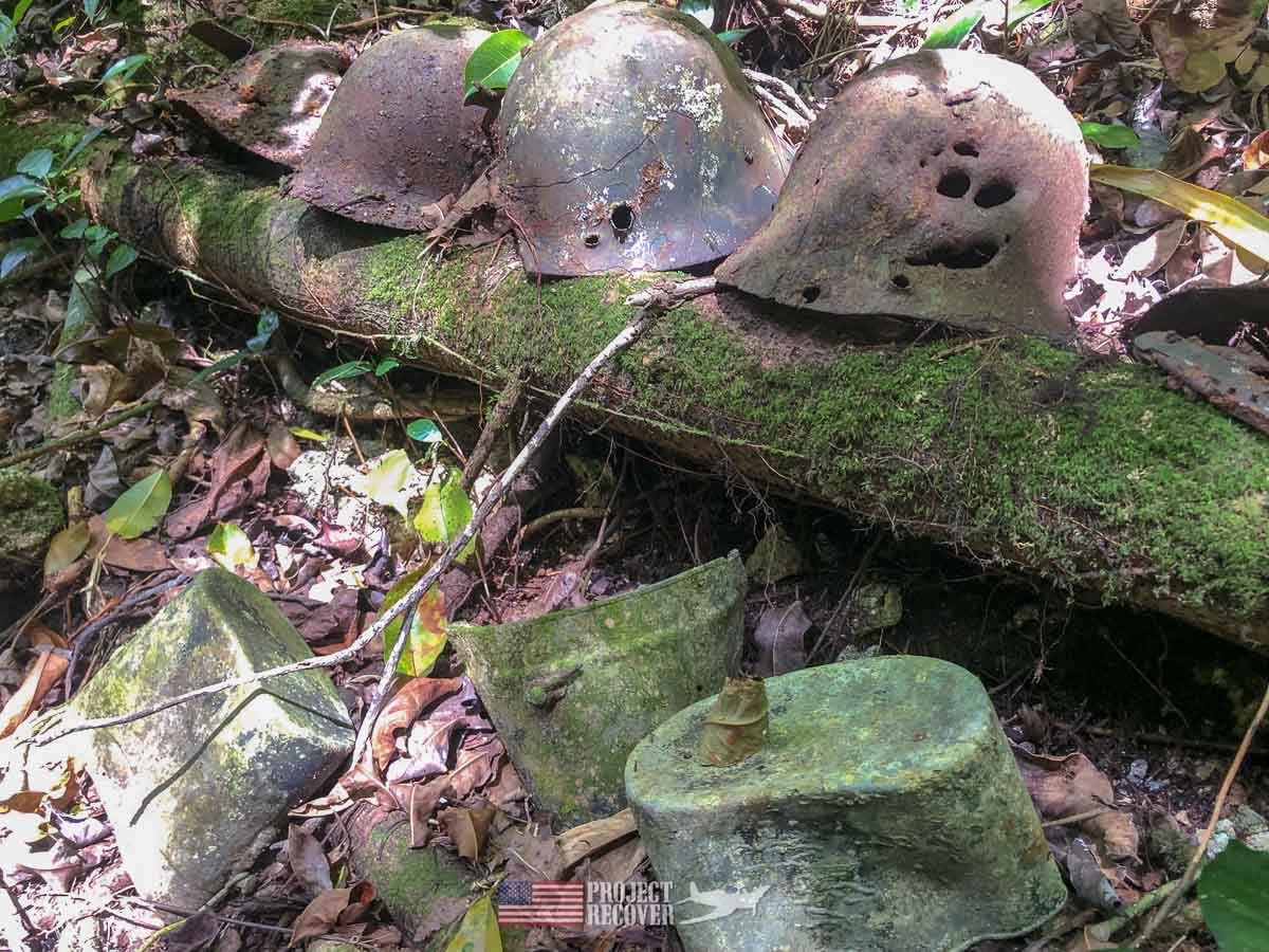 WWII helmets found on Peleliu.