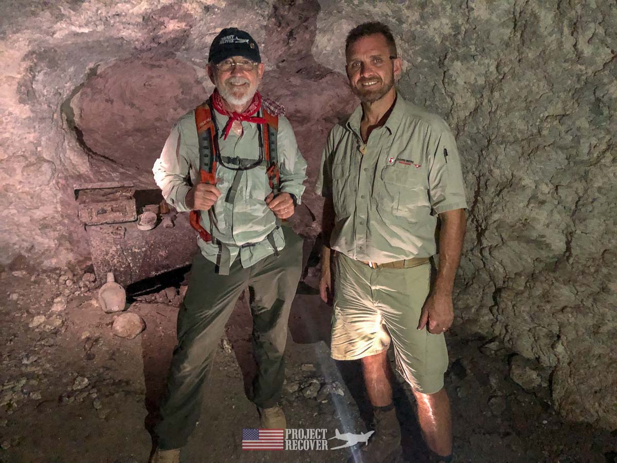 Pat Scannon, Project Recover President, and Steve Ballinger (Cleared Ground Demining director) inside Japanese cave on Peleliu.