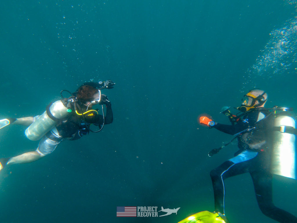 Adam Gray (MIA Family) and Flip on dive to Rybarczyk's WWII wrecked Avenger. Photo by Dan O'Brien